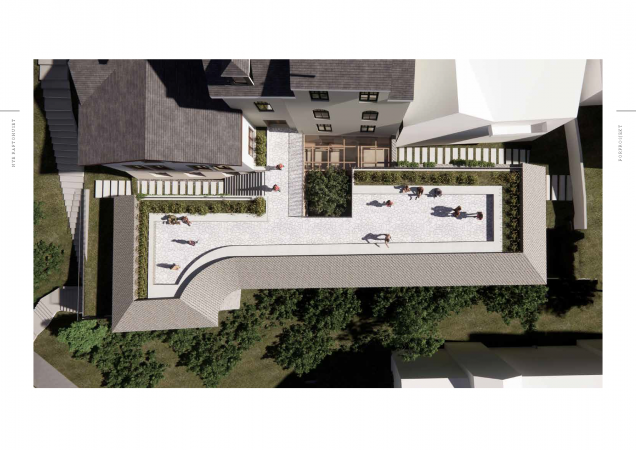 Illustrasjon: 3RW. Illustrasjon av Raftohuset med takterasse.
