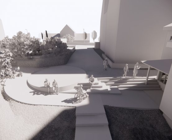 Illustrasjon: 3RW. Illustrasjon av nytt inngangsparti fra Menneskerettighetenes plass.