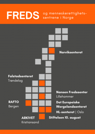 Kart over de ulike freds- og menneskerettighetssentrene.